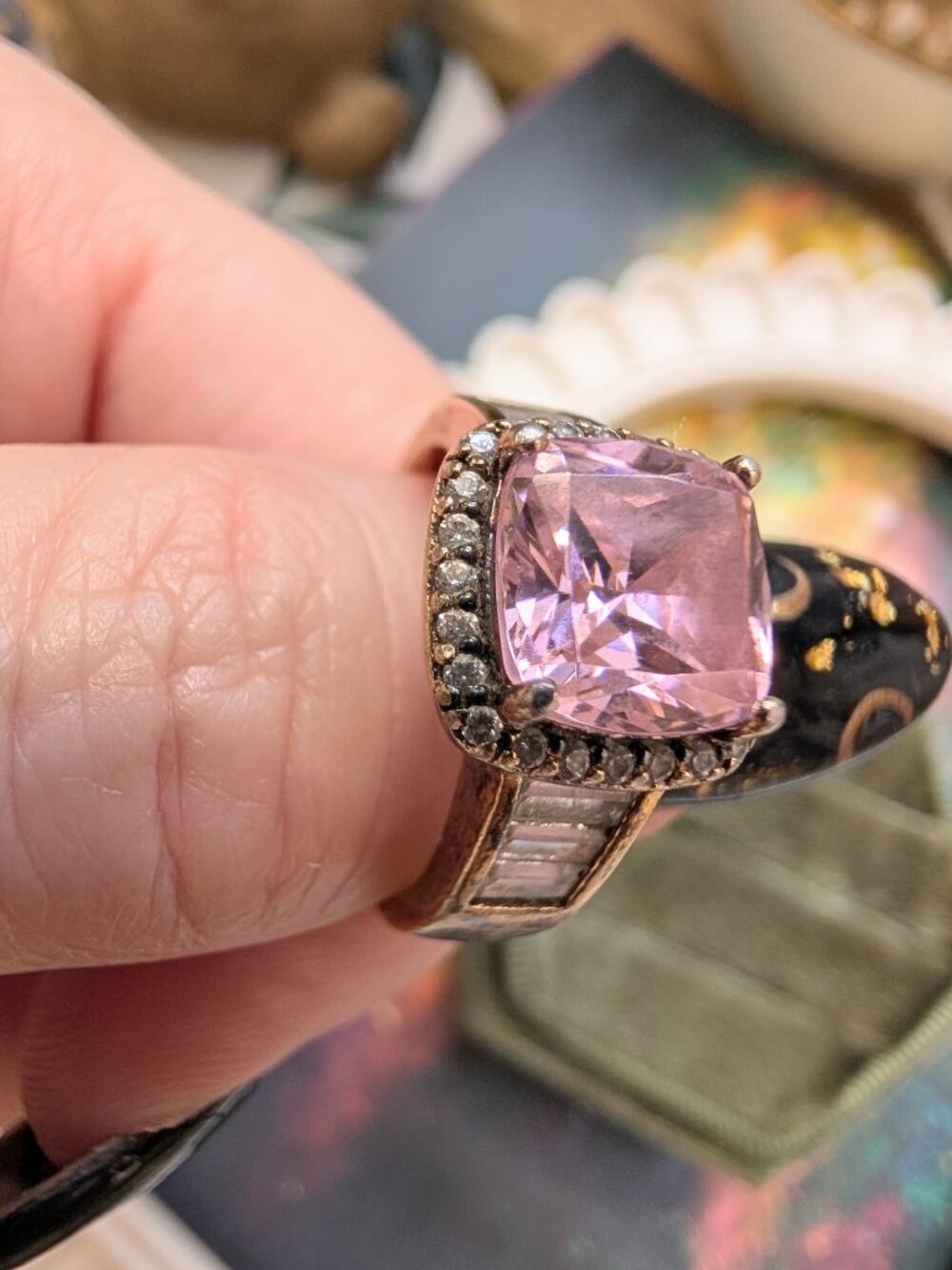 Vintage Sparkling Princess Cut Pink & Clear CZ Sterling Silver Ring, Size 8 - Picture 9 of 16